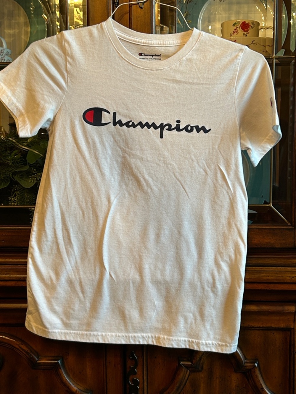 Champion White T-Shirt with Navy Script and Red Crest